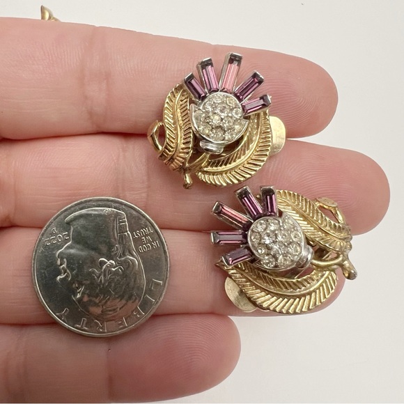 Vtg Crown Trifari Alfred Philippe Purple Thistle Flower Brooch & Earrings AS IS - Picture 3 of 12